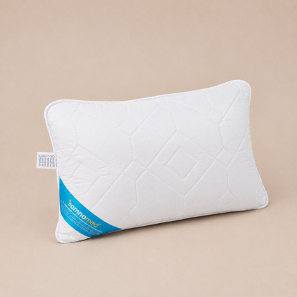 Madhome.ro set of two white quilted antimicrobial pillows with Somnomed branding, 50x70 cm size.