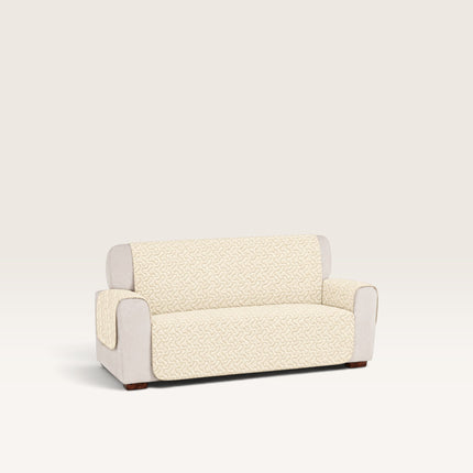Madhome.ro beige quilted 3-seater sofa cover with a textured pattern, protecting the seat, backrest, and armrests.
