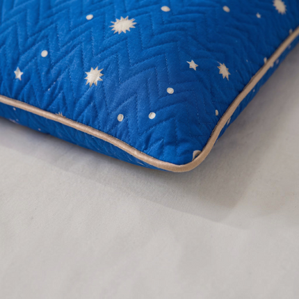 Madhome.ro blue quilted pillow with a star and chevron pattern and beige piping trim