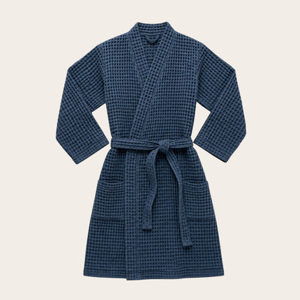 Madhome.ro blue waffle weave cotton bathrobe with kimono collar, waist tie, and two pockets on a light background.
