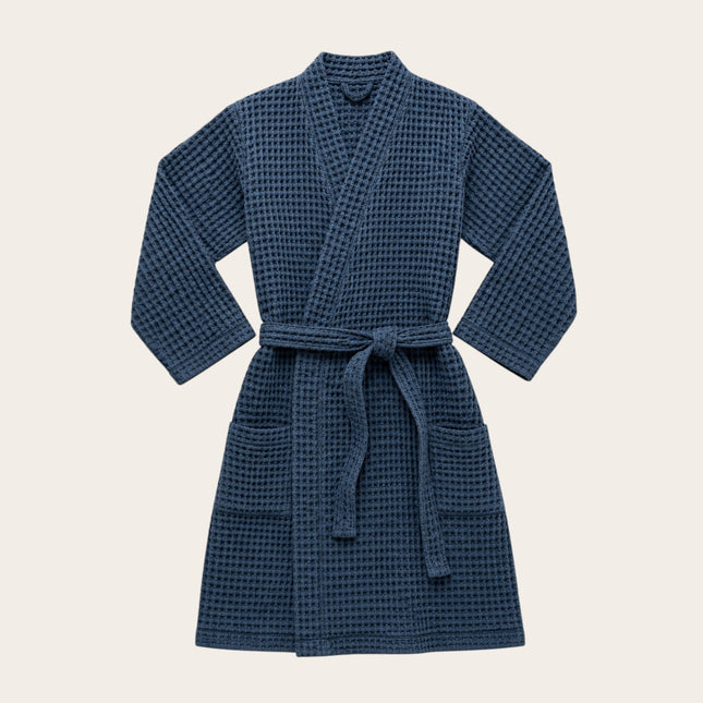 Madhome.ro blue waffle weave cotton bathrobe with kimono collar, waist tie, and two pockets on a light background.