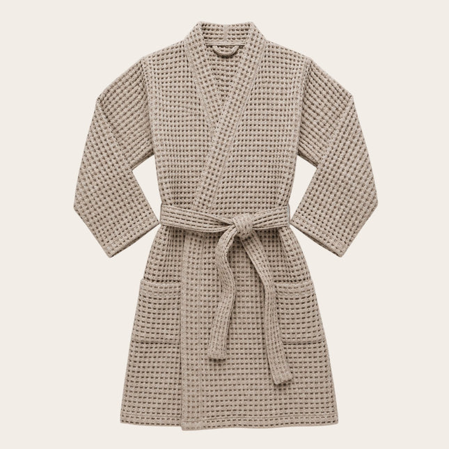 Madhome.ro premium waffle-weave bathrobe in cappuccino cotton with a kimono collar, tie waist, and two pockets.