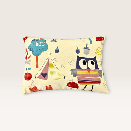 Madhome.ro cotton children's pillow featuring a colorful owl, tent, and forest-themed print on a cream background.
