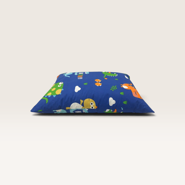 Madhome.ro cotton children's pillow featuring a blue dinosaur print, 50x70 cm size with soft Superball filling.