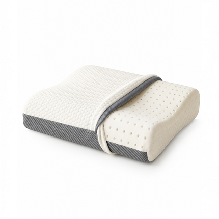 Madhome.ro ergonomic memory foam pillow with ventilation holes and a grey honeycomb knit cover for cervical support.