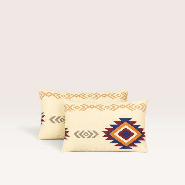 Madhome.ro Favorit model pillows with geometric tribal print in cream, blue, red, and orange on soft microfiber