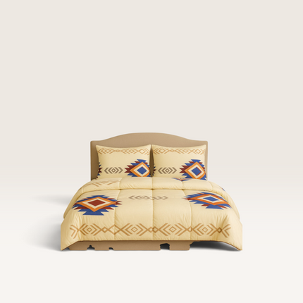Madhome.ro Favorit model quilted duvet set with two matching pillows featuring a geometric tribal print in cream