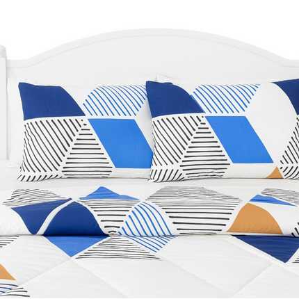 Madhome.ro quilted bedding set with sapphire blue geometric pattern, including two 50x70 cm pillows and a duvet.