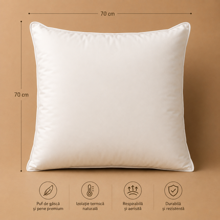 Madhome.ro medium-firm goose down and feather pillow with breathable cotton cover, 70x70 cm square shape.