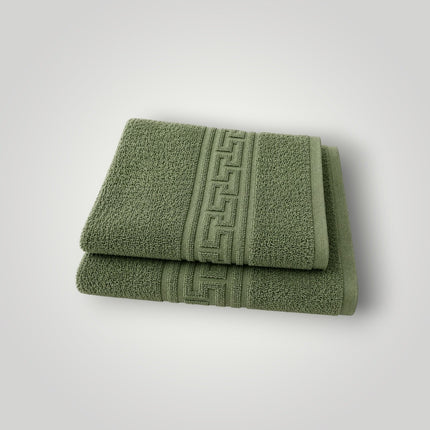 Madhome.ro set of two green 100% cotton towels with a classic Greek key border design and durable double stitching.