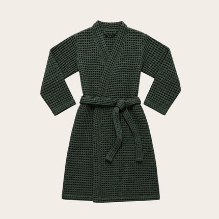 Madhome.ro green waffle weave cotton bathrobe with kimono collar and waist tie, flat lay view.