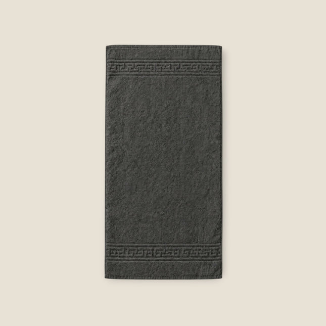 Madhome.ro grey cotton towel with Greek border design, 500 g/m² hotel quality, soft and absorbent texture.