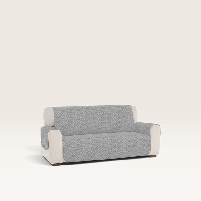 Madhome.ro grey quilted 3-seater sofa cover with a textured pattern, protecting the seat, backrest, and armrests.