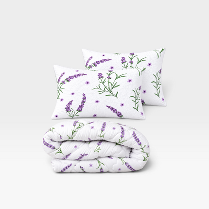 Madhome.ro quilted duvet and two pillows set with purple lavender floral print on white microfiber fabric
