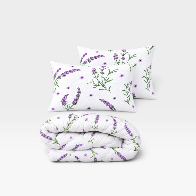 Madhome.ro quilted duvet and two pillows set with purple lavender floral print on white microfiber fabric