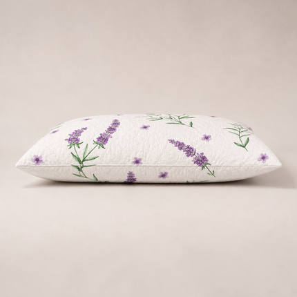Madhome.ro set of two low-profile quilted pillows with a lavender floral print on white microfiber fabric