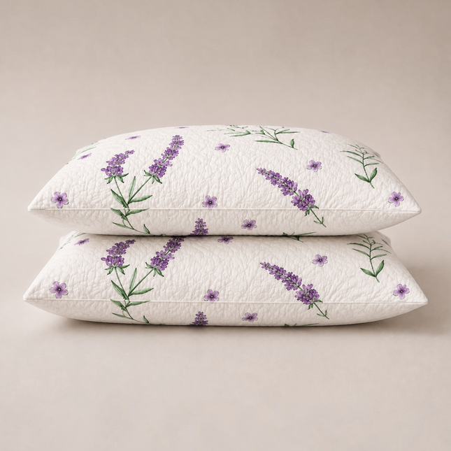 Madhome.ro set of two low-profile quilted pillows with a lavender floral print on white microfiber fabric.