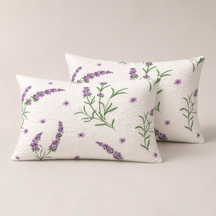 Madhome.ro set of two quilted pillows with a lavender floral print on white microfiber fabric, 50x70 cm size.