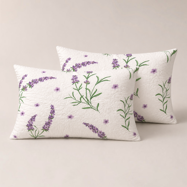 Madhome.ro set of two quilted pillows with a lavender floral print on white microfiber fabric, 50x70 cm size.