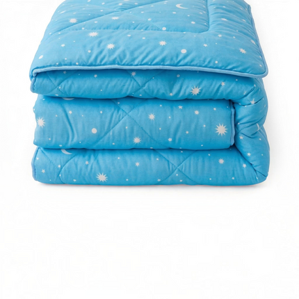 Madhome.ro light blue quilted spring duvet with white star and moon pattern folded neatly