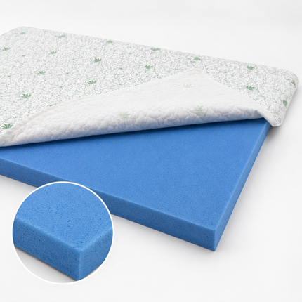 Madhome.ro 5cm memory foam mattress topper with removable Aloe Vera cover, showing blue foam core and quilted fabric.