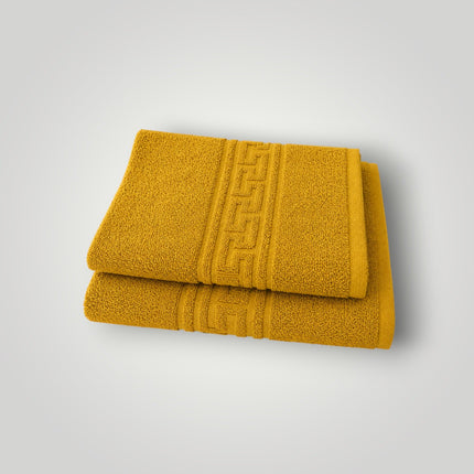 Madhome.ro set of two mustard yellow 100% cotton towels with a classic Greek key border design