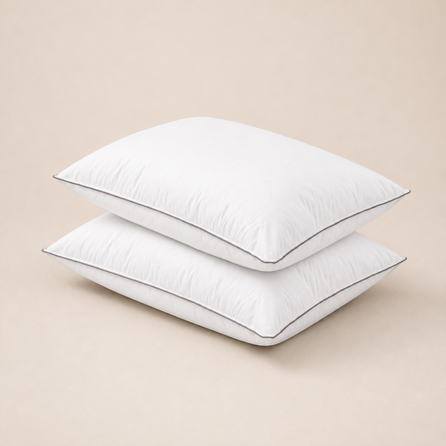 Madhome.ro set of two white natural feather pillows with cotton covers and grey piping on a neutral background