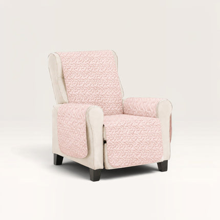 Madhome.ro quilted pink armchair cover with a decorative pattern, protecting the seat, backrest, and armrests.