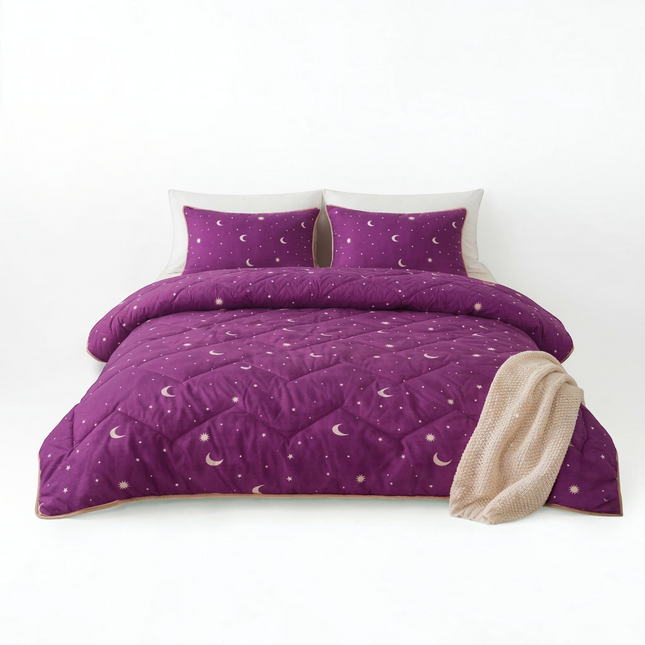 Madhome.ro purple quilted bedding set with moon and star pattern, including a duvet and two matching pillows.