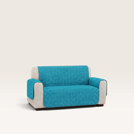 Madhome.ro quilted blue sofa cover for 2-seater couch with beige side panels and textured pattern