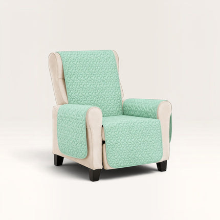 Madhome.ro quilted mint green armchair cover protecting the seat, backrest, and armrests of a beige armchair.