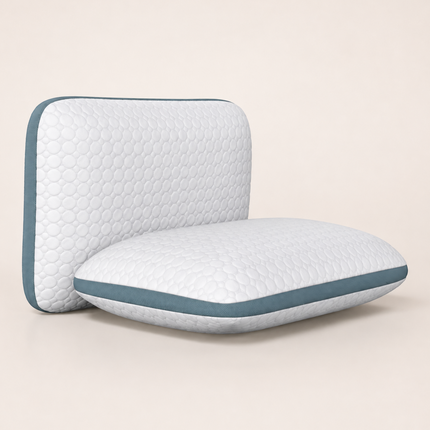 Madhome.ro set of two white quilted orthopedic pillows with blue Air Mesh ventilation bands for cooling comfort