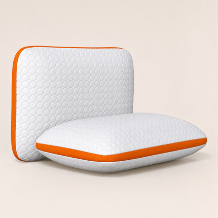 Madhome.ro set of two white quilted orthopedic pillows with orange Air Mesh ventilation bands for cooling comfort