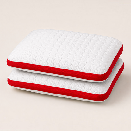 Madhome.ro set of two white quilted orthopedic pillows with red Air Mesh ventilation bands for cooling comfort.