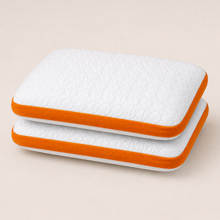 Madhome.ro set of two white quilted orthopedic pillows with orange Air Mesh ventilation bands for cooling comfort.
