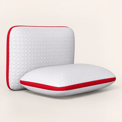 Madhome.ro set of two white quilted orthopedic pillows with red Air Mesh ventilation bands and adjustable zippers.