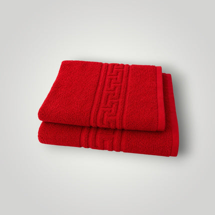 Madhome.ro set of two red 100% cotton towels with Greek key border and double-stitched edges for bath and face