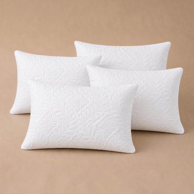 Madhome.ro set of four white rectangular pillows with quilted floral patterns, made of soft hypoallergenic microfiber.