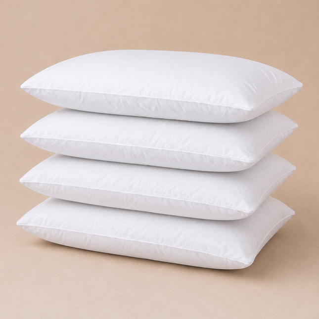 Madhome.ro set of four white rectangular pillows with hypoallergenic microfiber covers stacked on a beige background.