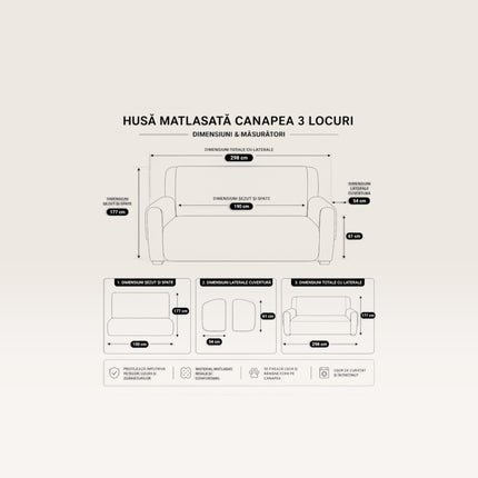Madhome.ro quilted 3-seater sofa cover dimensions diagram showing seat, back, and armrest measurements for proper fit.
