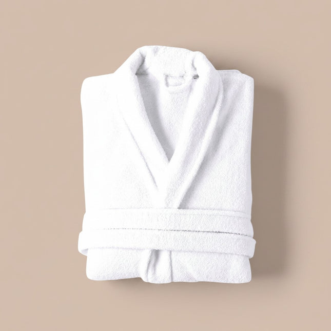 Madhome.ro white 100% cotton bathrobe, lightweight 380 gsm terry fabric, folded for storage.
