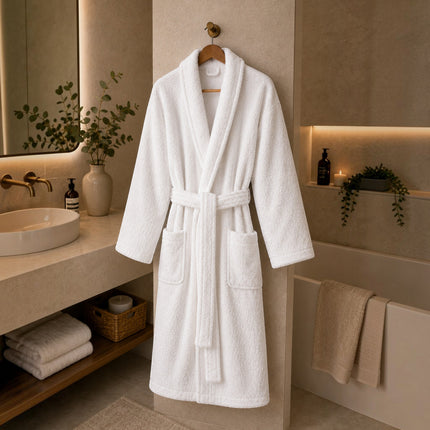 Madhome.ro white 100% cotton bathrobe hanging in a modern bathroom with neutral decor