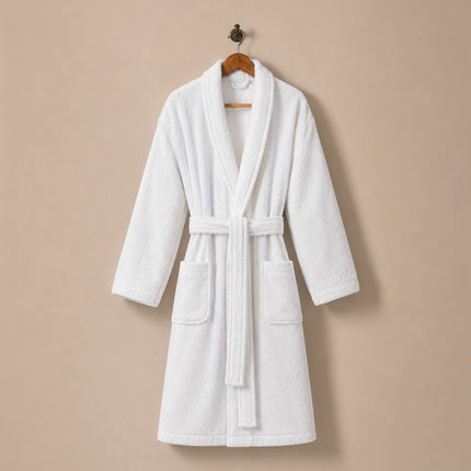 Madhome.ro white 100% cotton bathrobe with a lightweight 380 gsm texture, hanging on a wooden hanger.