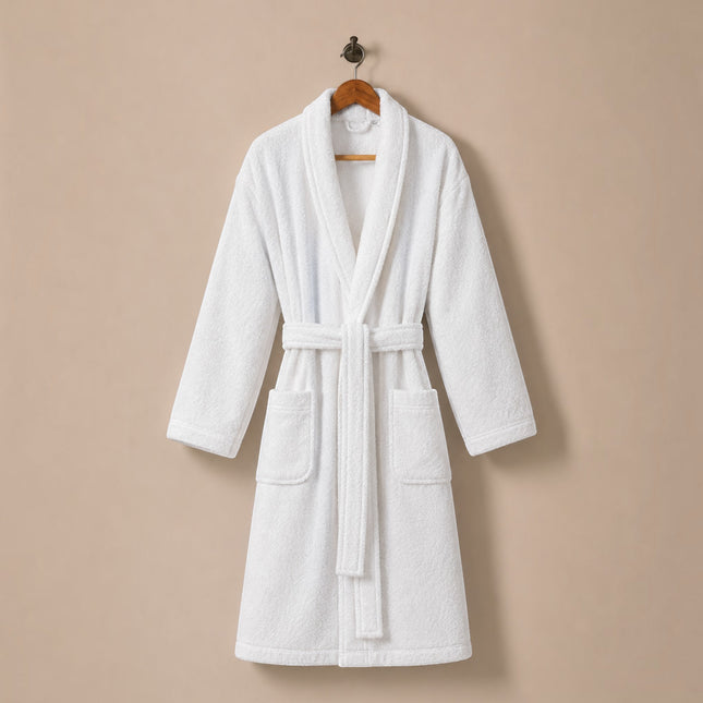 Madhome.ro white 100% cotton bathrobe with a lightweight 380 gsm texture, hanging on a wooden hanger.