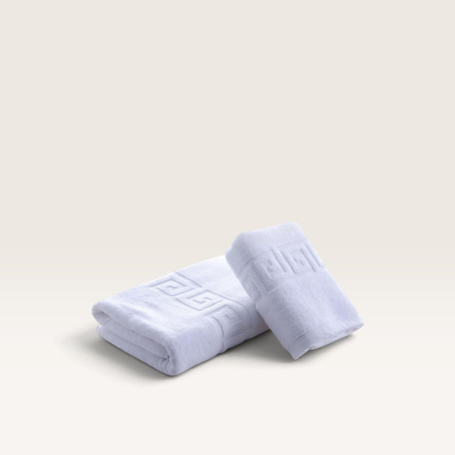 Madhome.ro white hotel-style cotton towel set with a classic Greek key border design