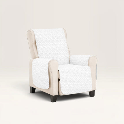 Madhome.ro white quilted armchair cover protecting the seat, backrest, and armrests of a beige upholstered chair